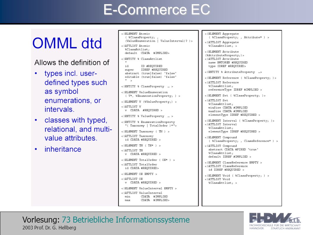 Vorlesung: 73 Betriebliche Informationssysteme 2003 Prof. Dr. G. Hellberg E-Commerce EC