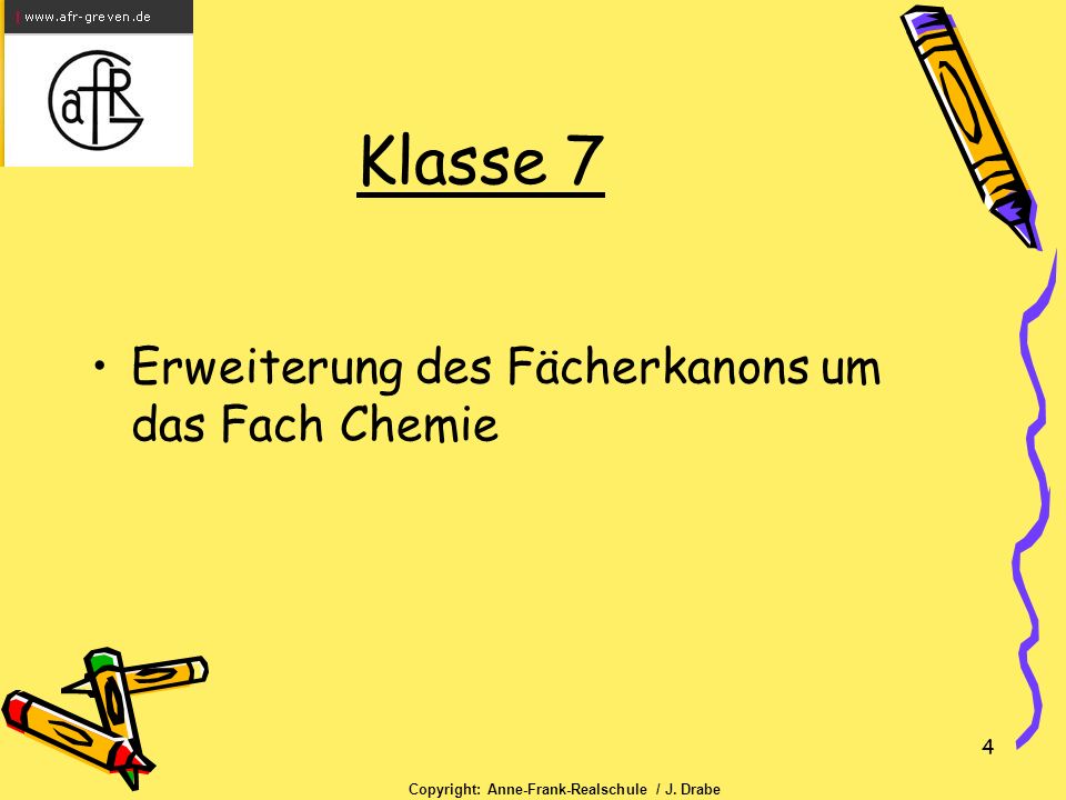 4 Klasse 7 Erweiterung des Fächerkanons um das Fach Chemie Copyright: Anne-Frank-Realschule / J.