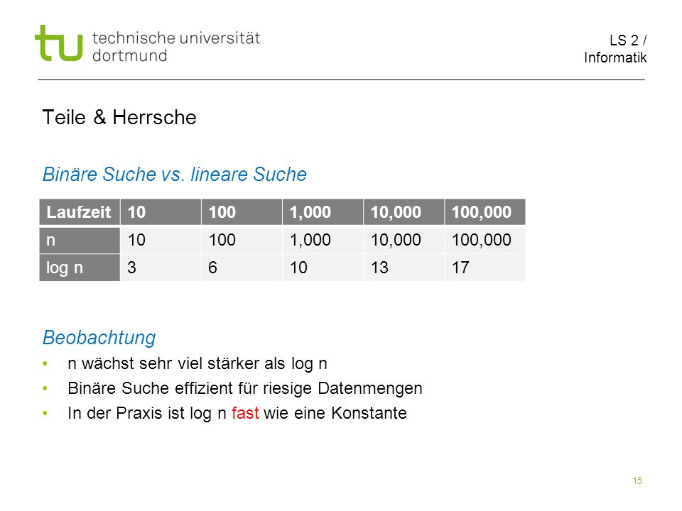LS 2 / Informatik 15 Teile & Herrsche Binäre Suche vs.