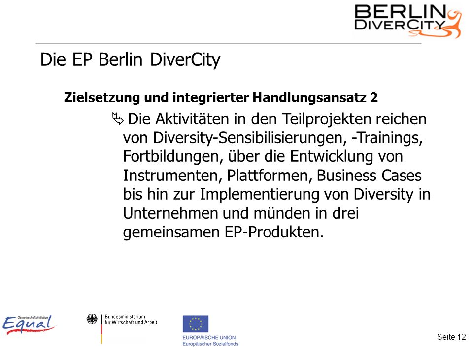 Die EP Berlin DiverCity Zielsetzung und integrierter Handlungsansatz 2 Die Aktivitäten in den Teilprojekten reichen von Diversity-Sensibilisierungen, -Trainings, Fortbildungen, über die Entwicklung von Instrumenten, Plattformen, Business Cases bis hin zur Implementierung von Diversity in Unternehmen und münden in drei gemeinsamen EP-Produkten.