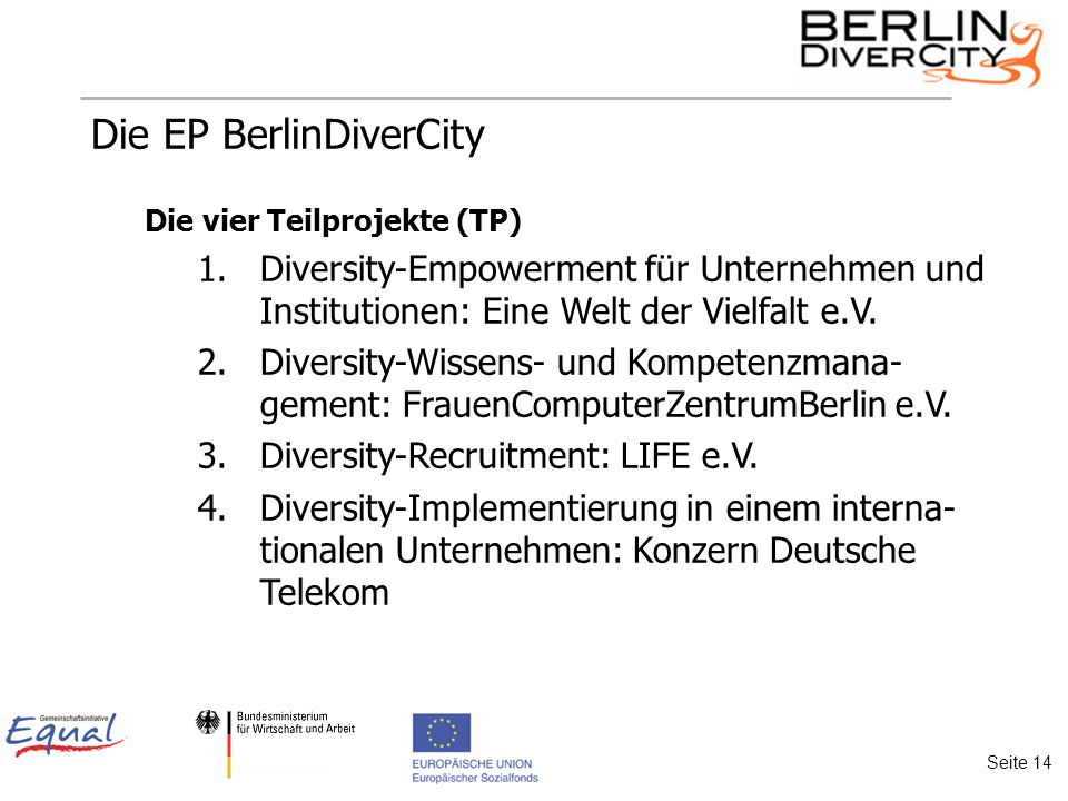 Die EP BerlinDiverCity Die vier Teilprojekte (TP) 1.Diversity-Empowerment für Unternehmen und Institutionen: Eine Welt der Vielfalt e.V.