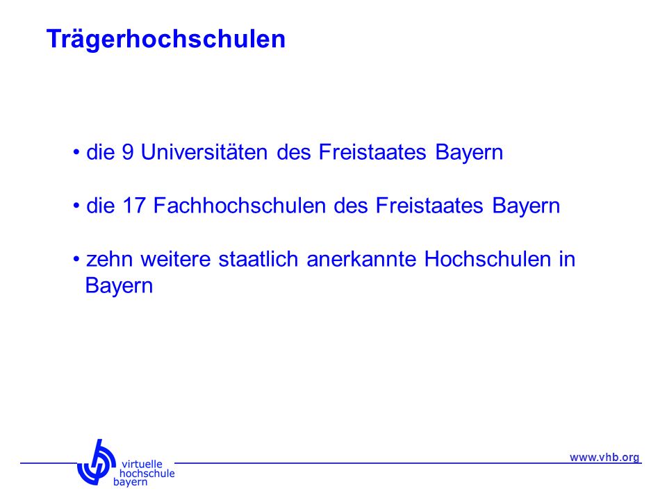Trägerhochschulen die 9 Universitäten des Freistaates Bayern die 17 Fachhochschulen des Freistaates Bayern zehn weitere staatlich anerkannte Hochschulen in Bayern