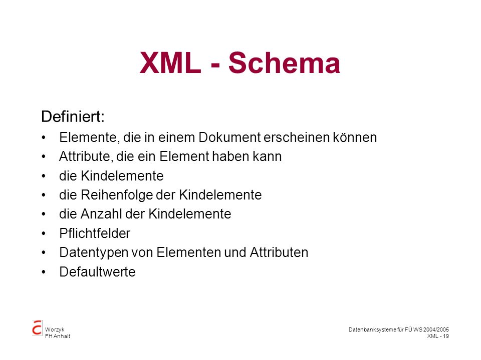 Worzyk FH Anhalt Datenbanksysteme für FÜ WS 2004/2005 XML - 19 XML - Schema Definiert: Elemente, die in einem Dokument erscheinen können Attribute, die ein Element haben kann die Kindelemente die Reihenfolge der Kindelemente die Anzahl der Kindelemente Pflichtfelder Datentypen von Elementen und Attributen Defaultwerte