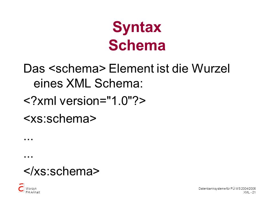 Worzyk FH Anhalt Datenbanksysteme für FÜ WS 2004/2005 XML - 21 Syntax Schema Das Element ist die Wurzel eines XML Schema:...