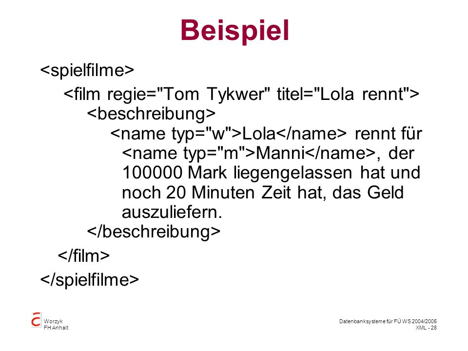 Worzyk FH Anhalt Datenbanksysteme für FÜ WS 2004/2005 XML - 28 Beispiel Lola rennt für Manni, der Mark liegengelassen hat und noch 20 Minuten Zeit hat, das Geld auszuliefern.