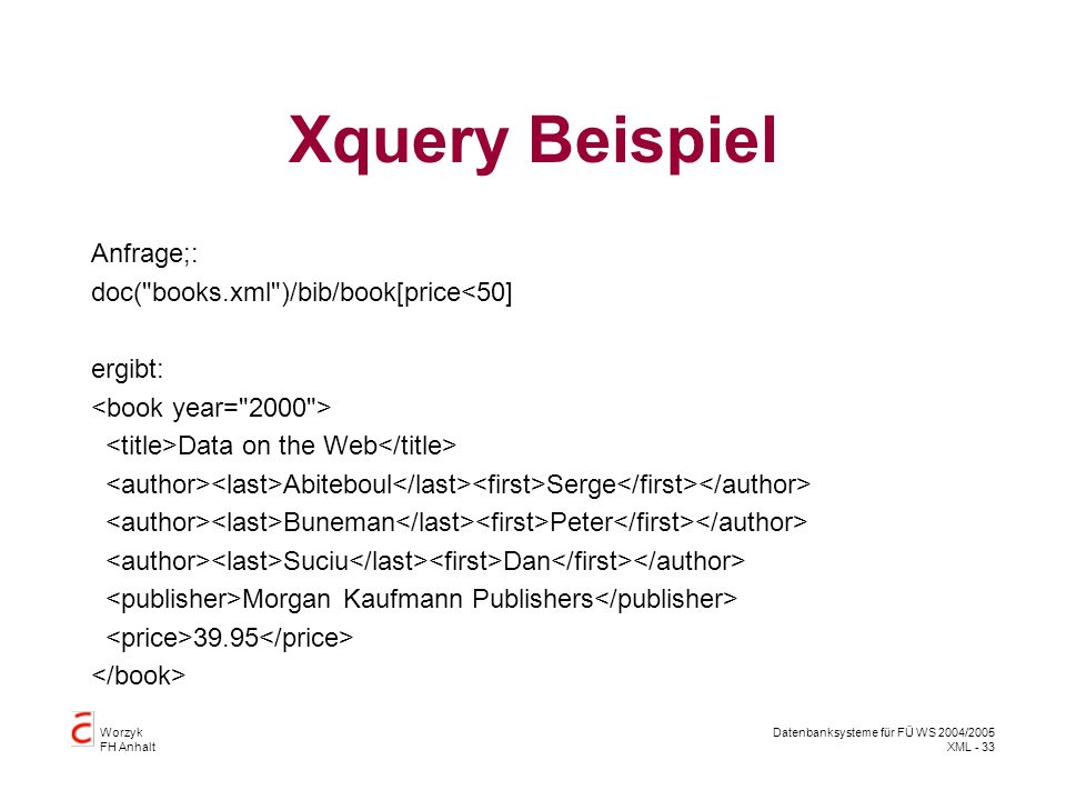 Worzyk FH Anhalt Datenbanksysteme für FÜ WS 2004/2005 XML - 33 Xquery Beispiel Anfrage;: doc( books.xml )/bib/book[price<50] ergibt: Data on the Web Abiteboul Serge Buneman Peter Suciu Dan Morgan Kaufmann Publishers 39.95
