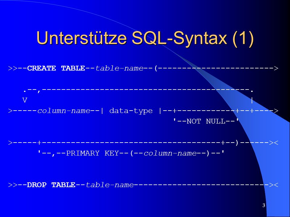 3 Unterstütze SQL-Syntax (1) >>--CREATE TABLE--table-name--( >.--,