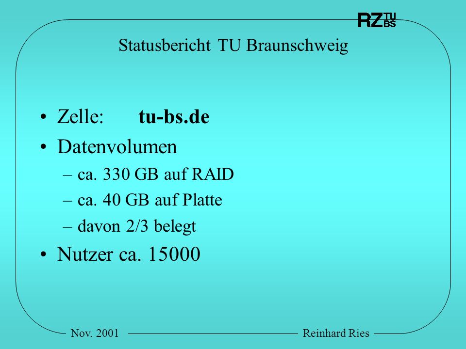 Nov. 2001Reinhard Ries Statusbericht TU Braunschweig Zelle: tu-bs.de Datenvolumen –ca.