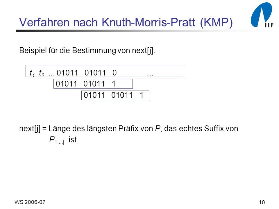 10WS Verfahren nach Knuth-Morris-Pratt (KMP) Beispiel für die Bestimmung von next[j]: t 1 t 2...