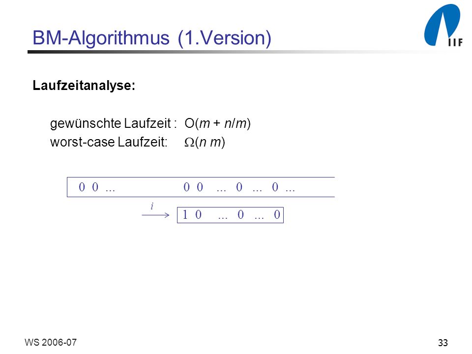 33WS BM-Algorithmus (1.Version) Laufzeitanalyse: gewünschte Laufzeit : O(m + n/m) worst-case Laufzeit: (n m) i