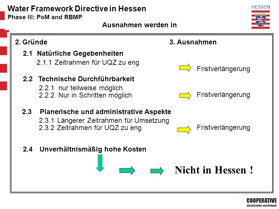 Hessisches Ministerium für Umwelt, ländlichen Raum und Verbraucherschutz 21 Water Framework Directive in Hessen Phase III: PoM and RBMP Ausnahmen werden in 2.Gründe3.