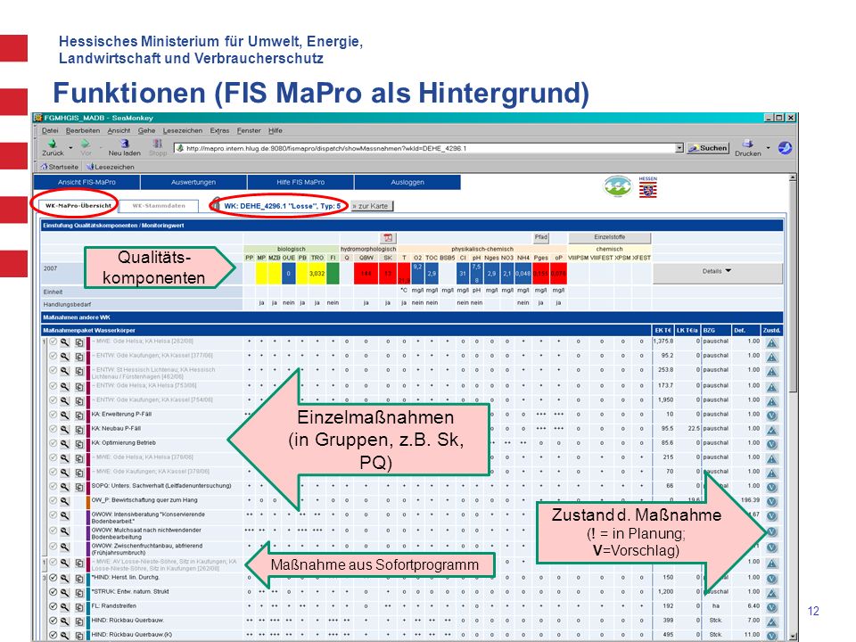 Hessisches Ministerium für Umwelt, Energie, Landwirtschaft und Verbraucherschutz 12 Funktionen (FIS MaPro als Hintergrund) Qualitäts- komponenten Einzelmaßnahmen (in Gruppen, z.B.