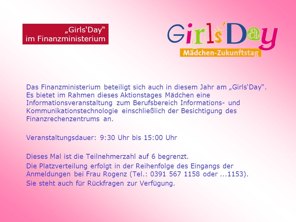 Das Finanzministerium beteiligt sich auch in diesem Jahr am GirlsDay.