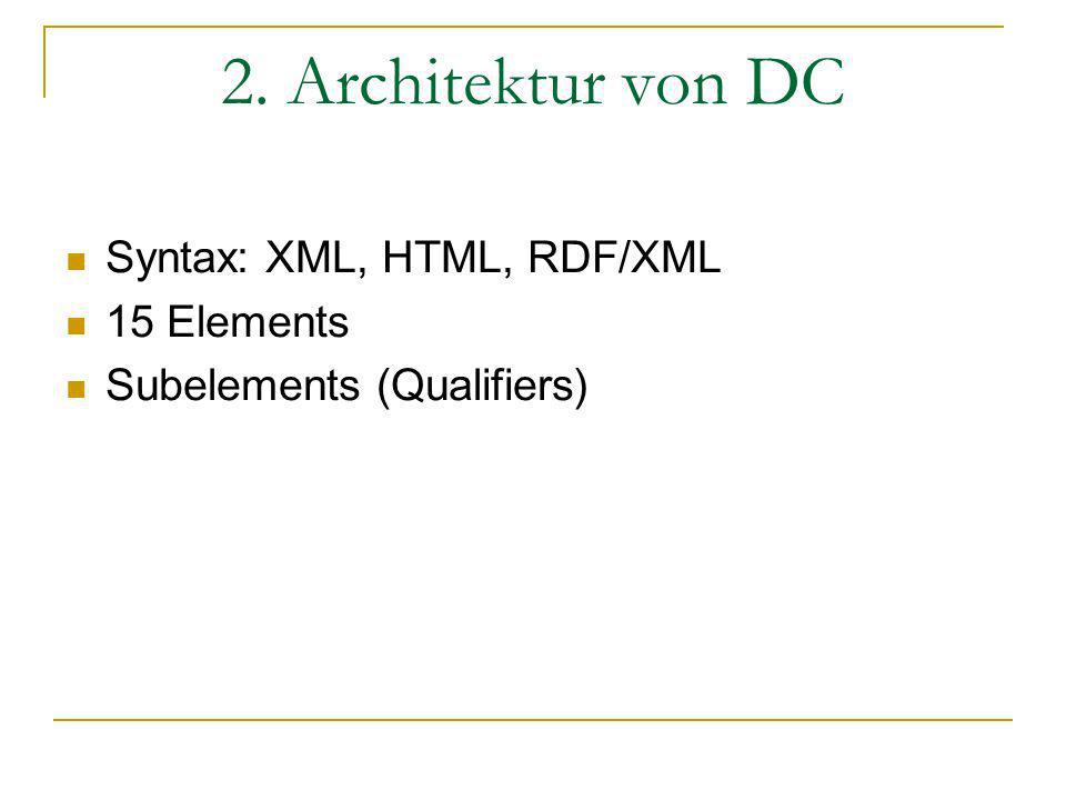 2. Architektur von DC Syntax: XML, HTML, RDF/XML 15 Elements Subelements (Qualifiers)