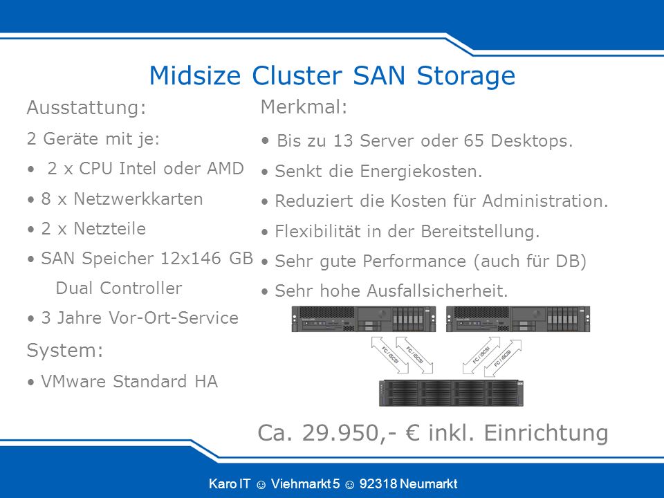 Karo IT Viehmarkt Neumarkt Midsize Cluster SAN Storage Merkmal: Bis zu 13 Server oder 65 Desktops.