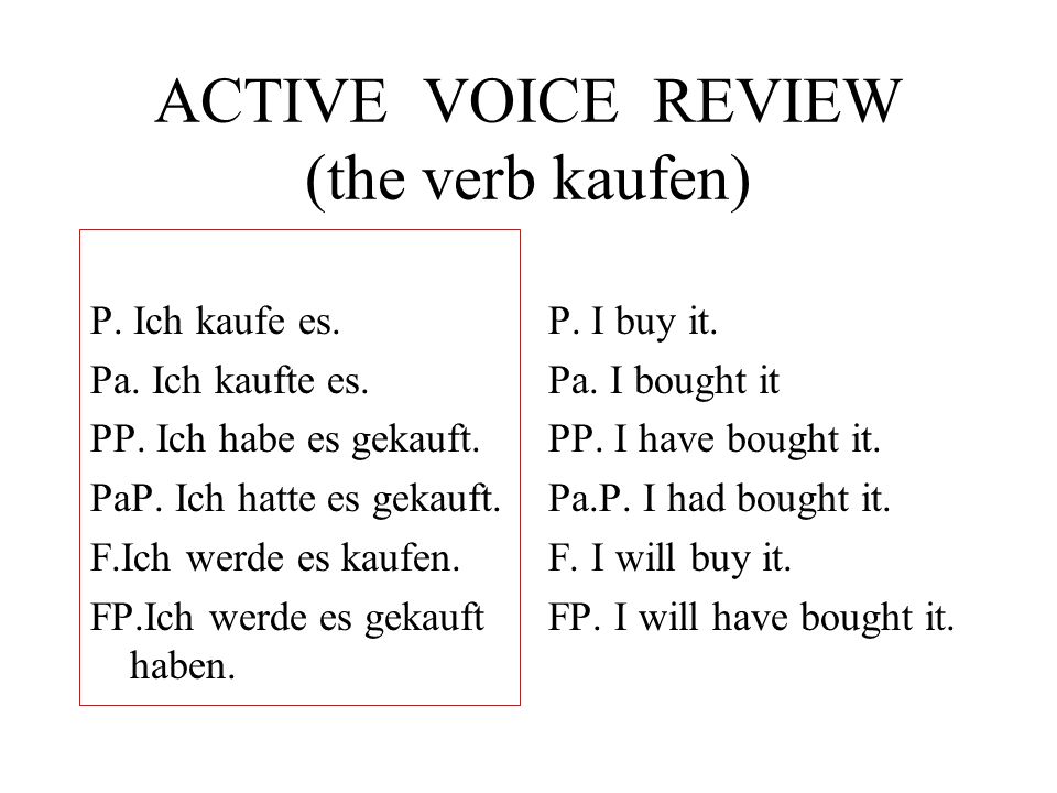 ACTIVE VOICE REVIEW (the verb kaufen) P. Ich kaufe es.