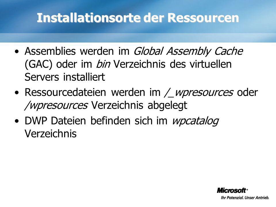 Installationsorte der Ressourcen Assemblies werden im Global Assembly Cache (GAC) oder im bin Verzeichnis des virtuellen Servers installiert Ressourcedateien werden im /_wpresources oder /wpresources Verzeichnis abgelegt DWP Dateien befinden sich im wpcatalog Verzeichnis