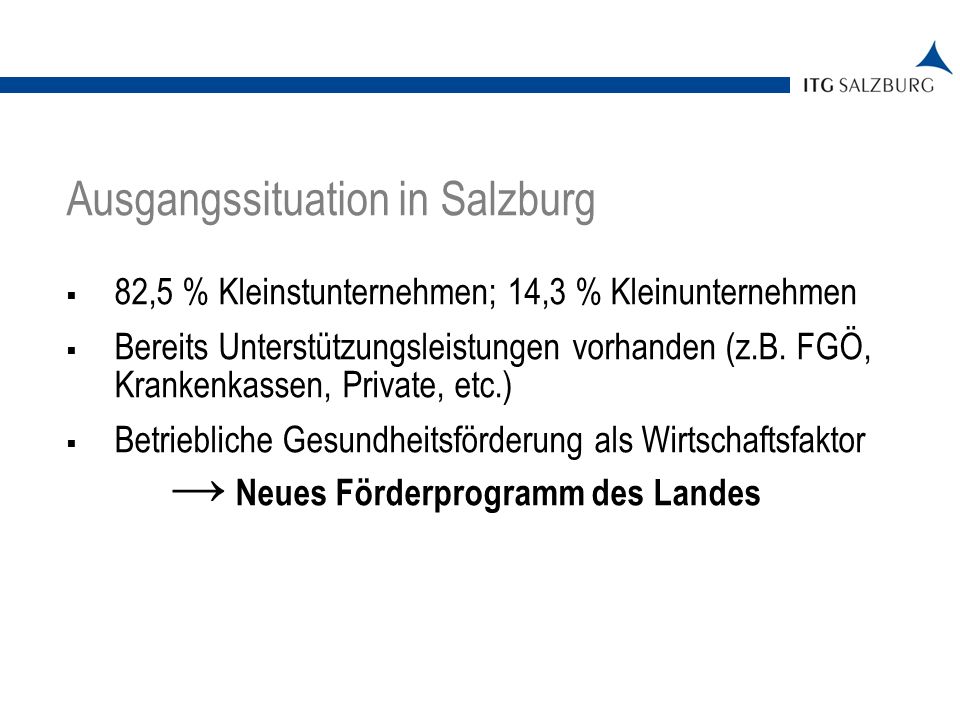 | Seite 2 Ausgangssituation in Salzburg 82,5 % Kleinstunternehmen; 14,3 % Kleinunternehmen Bereits Unterstützungsleistungen vorhanden (z.B.