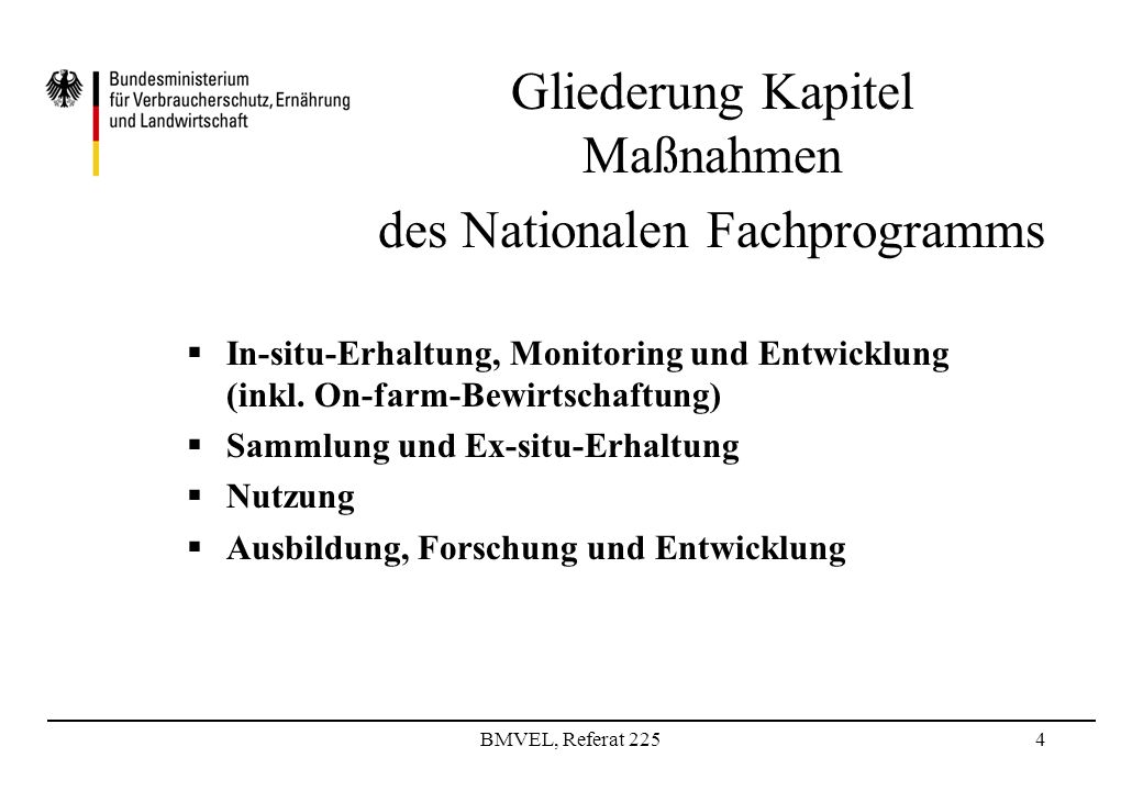 BMVEL, Referat 2254 Gliederung Kapitel Maßnahmen des Nationalen Fachprogramms In-situ-Erhaltung, Monitoring und Entwicklung (inkl.