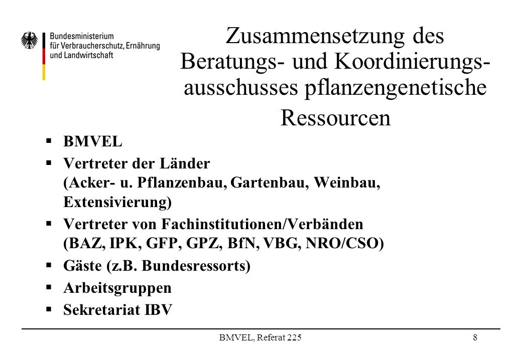 BMVEL, Referat 2258 Zusammensetzung des Beratungs- und Koordinierungs- ausschusses pflanzengenetische Ressourcen BMVEL Vertreter der Länder (Acker- u.