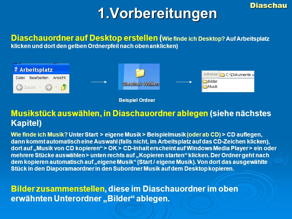 Diaschau1.Vorbereitungen Diaschauordner auf Desktop erstellen ( Wie finde ich Desktop.