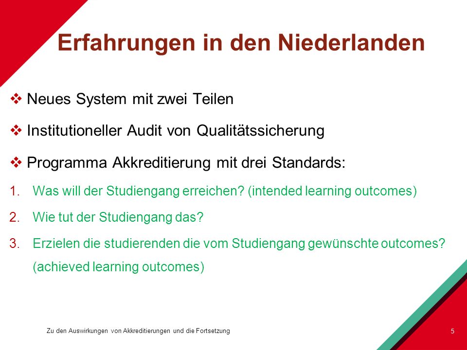 Erfahrungen in den Niederlanden Neues System mit zwei Teilen Institutioneller Audit von Qualitätssicherung Programma Akkreditierung mit drei Standards: 1.Was will der Studiengang erreichen.