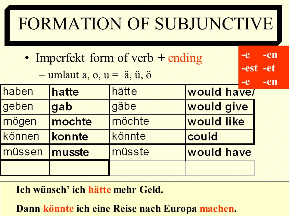 FORMATION OF SUBJUNCTIVE Imperfekt form of verb + ending –umlaut a, o, u = ä, ü, ö Ich wünsch ich hätte mehr Geld.