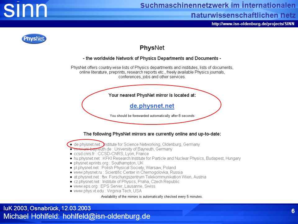 sinn s uchmaschinennetzwerk im i nternationalen n aturwissenschaftlichen n etz   IuK 2003, Osnabrück, Michael Hohlfeld: 5 Die PhysNet-Spiegel 13 PhysNet-Spiegel (inkl.