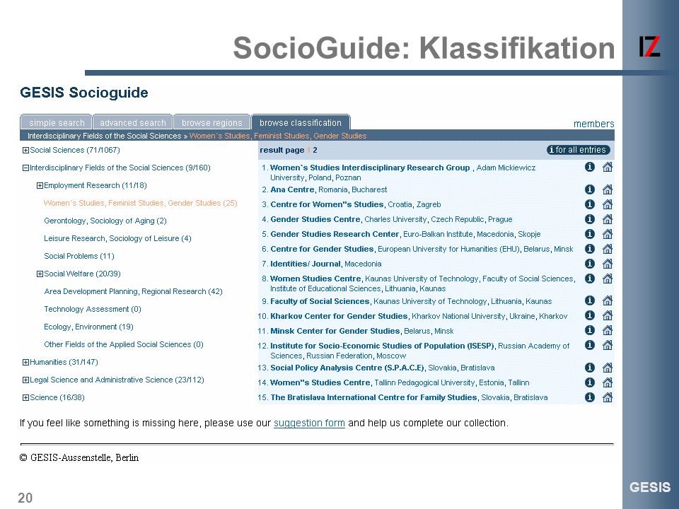 20 GESIS SocioGuide: Klassifikation