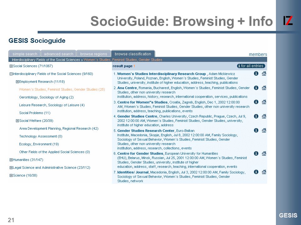 21 GESIS SocioGuide: Browsing + Info