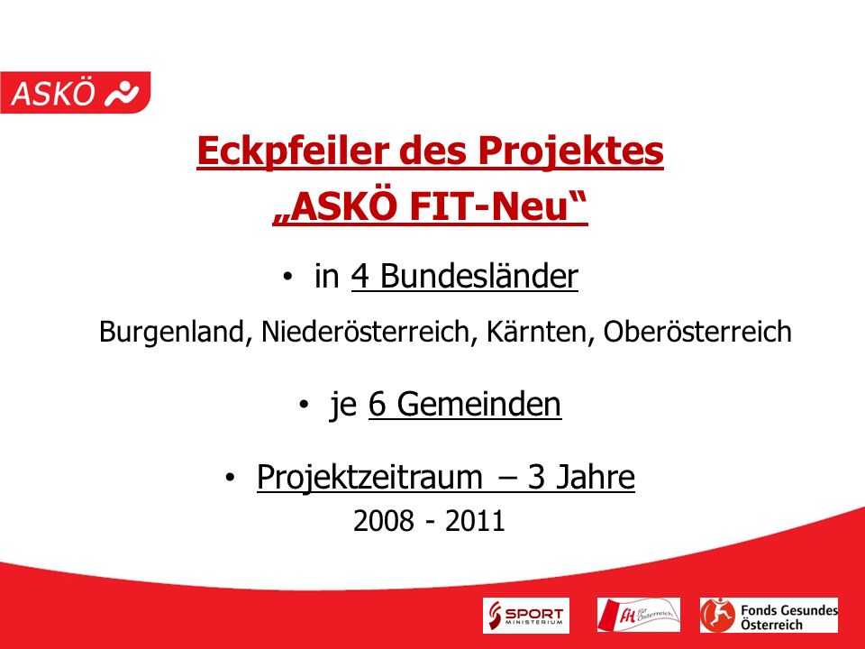 Eckpfeiler des Projektes ASKÖ FIT-Neu in 4 Bundesländer Burgenland, Niederösterreich, Kärnten, Oberösterreich je 6 Gemeinden Projektzeitraum – 3 Jahre
