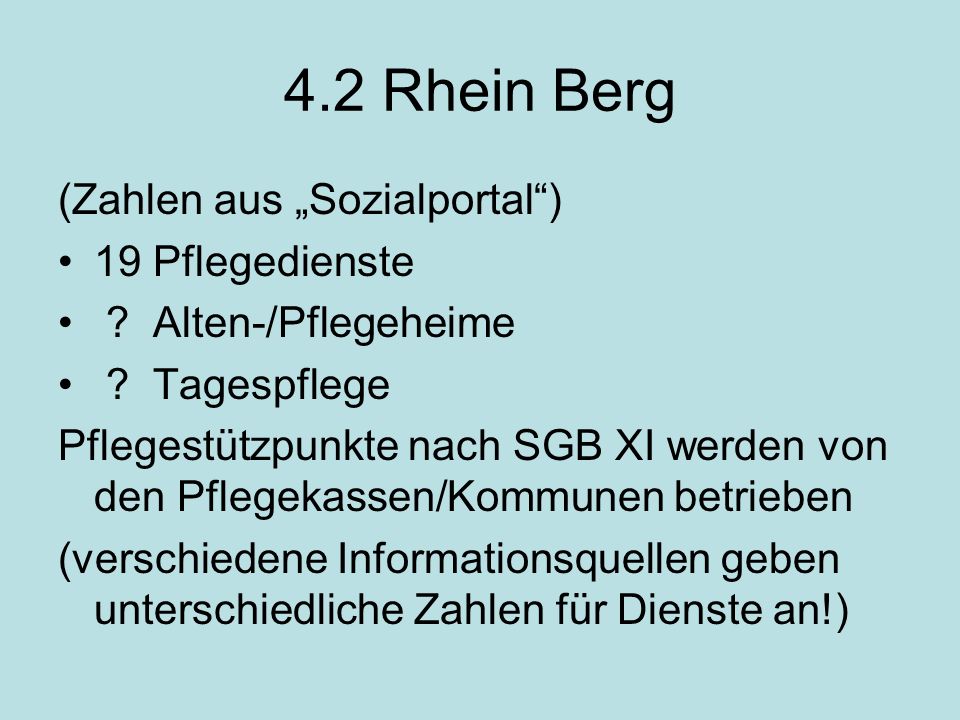 4.2 Rhein Berg (Zahlen aus Sozialportal) 19 Pflegedienste .
