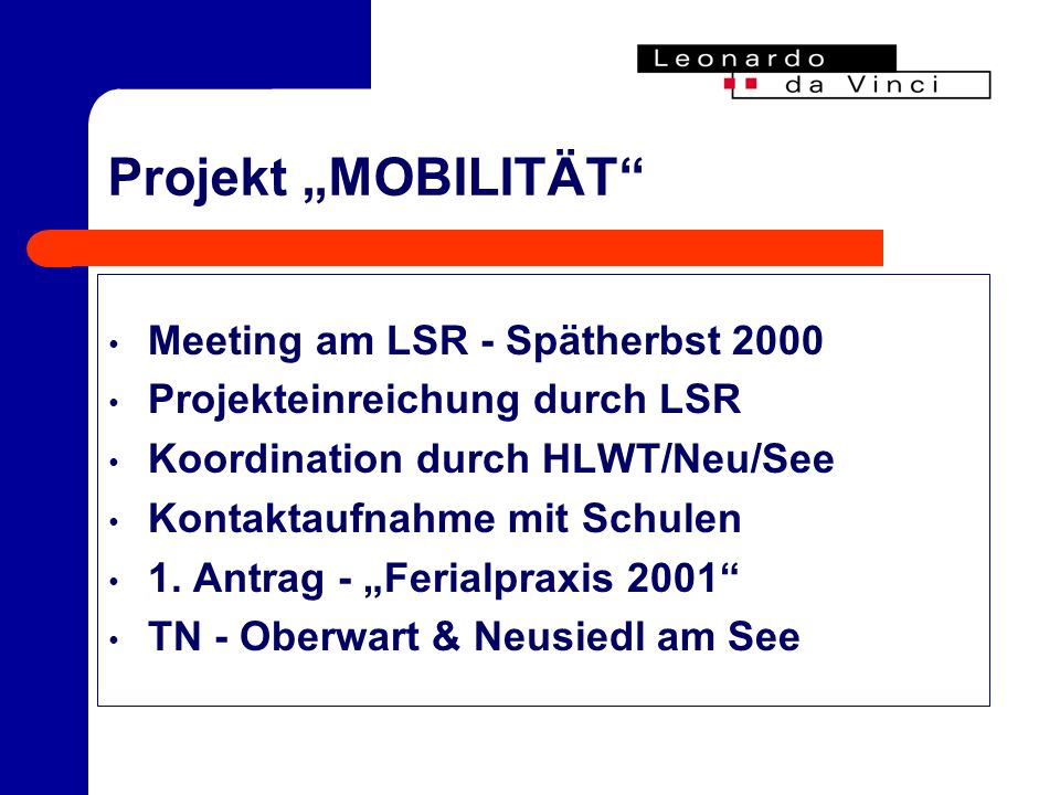 Projekt MOBILITÄT Meeting am LSR - Spätherbst 2000 Projekteinreichung durch LSR Koordination durch HLWT/Neu/See Kontaktaufnahme mit Schulen 1.