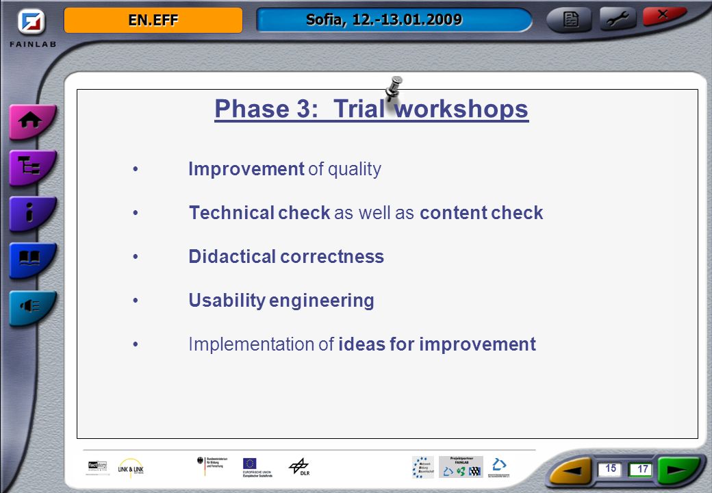 EN.EFF Sofia, Improvement of quality Technical check as well as content check Didactical correctness Usability engineering Implementation of ideas for improvement Phase 3: Trial workshops 15 17