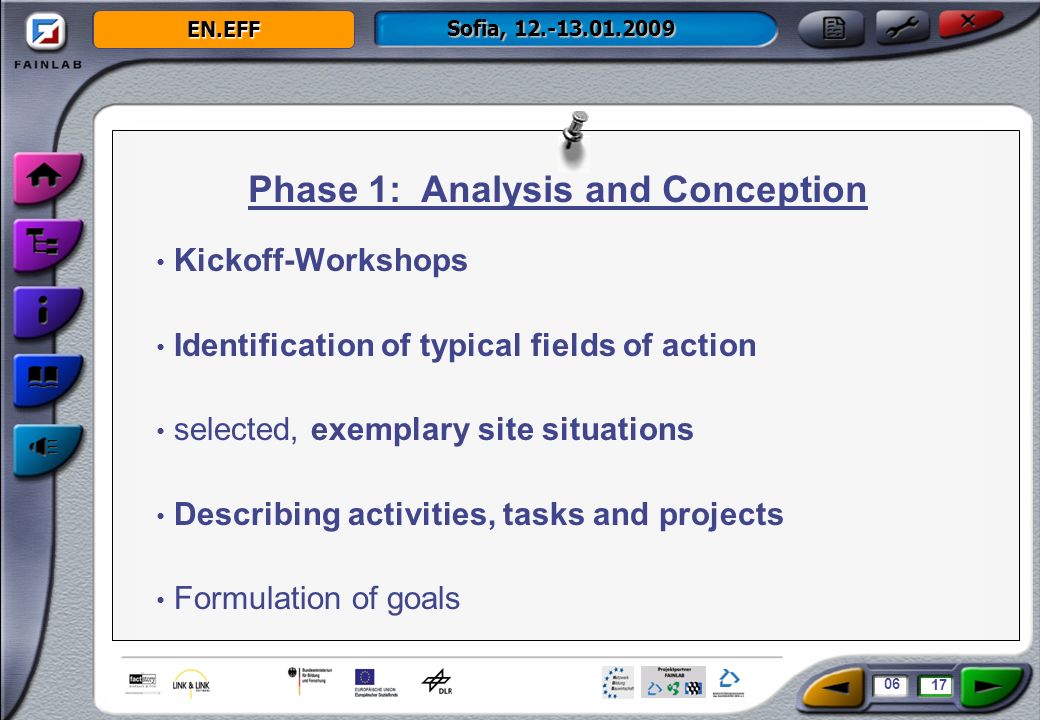 EN.EFF Sofia, Kickoff-Workshops Identification of typical fields of action selected, exemplary site situations Describing activities, tasks and projects Formulation of goals Phase 1: Analysis and Conception 06 17