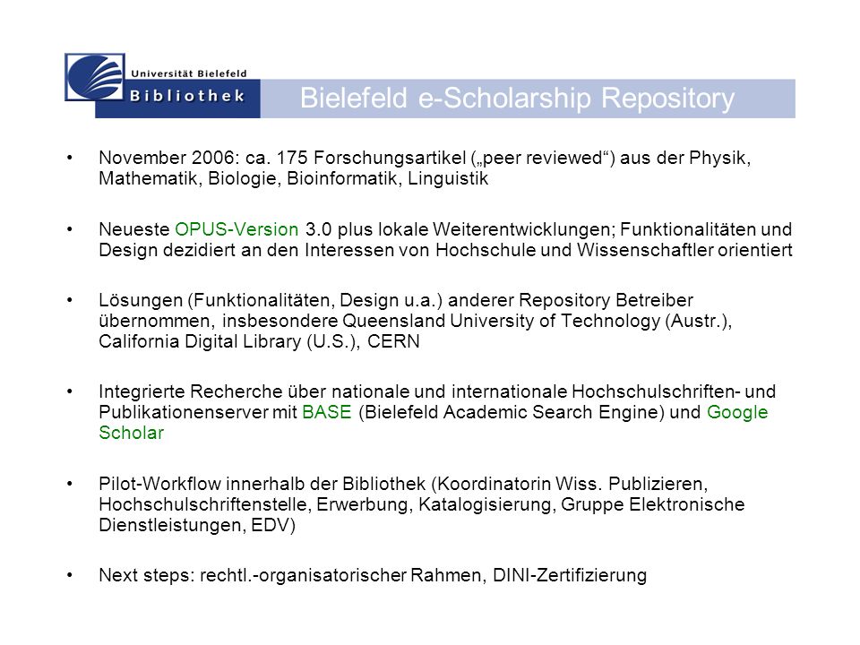Bielefeld e-Scholarship Repository November 2006: ca.