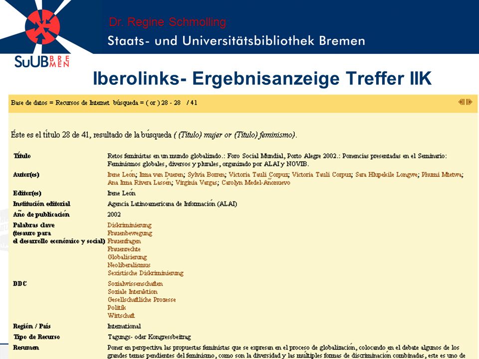 Iberolinks- Ergebnisanzeige Treffer IIK Dr. Regine Schmolling