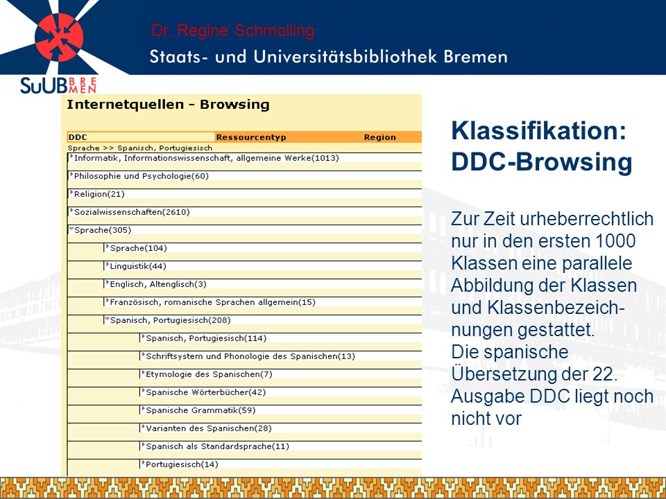 Klassifikation: DDC-Browsing Zur Zeit urheberrechtlich nur in den ersten 1000 Klassen eine parallele Abbildung der Klassen und Klassenbezeich- nungen gestattet.