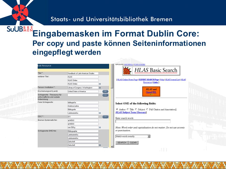 Eingabemasken im Format Dublin Core: Per copy und paste können Seiteninformationen eingepflegt werden