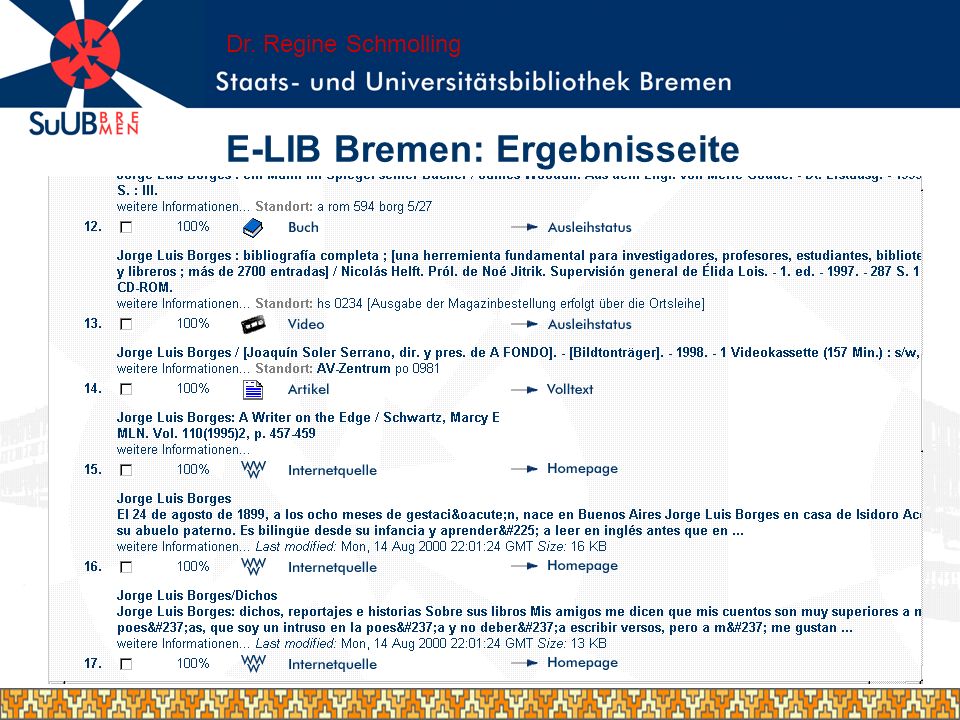 E-LIB Bremen: Ergebnisseite Dr. Regine Schmolling