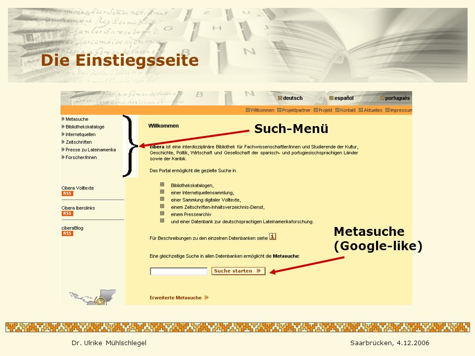 Dr. Ulrike MühlschlegelSaarbrücken, Die Einstiegsseite Metasuche (Google-like) Such-Menü