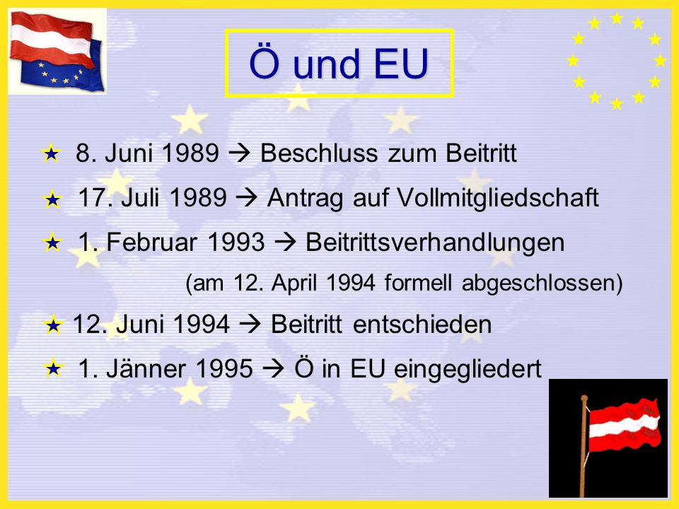 Ö und EU 8. Juni 1989 Beschluss zum Beitritt 17. Juli 1989 Antrag auf Vollmitgliedschaft 1.