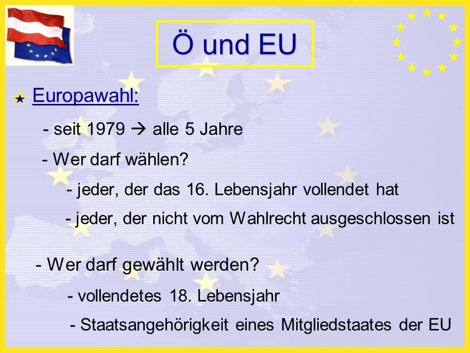 Ö und EU Europawahl: - seit 1979 alle 5 Jahre - Wer darf wählen.