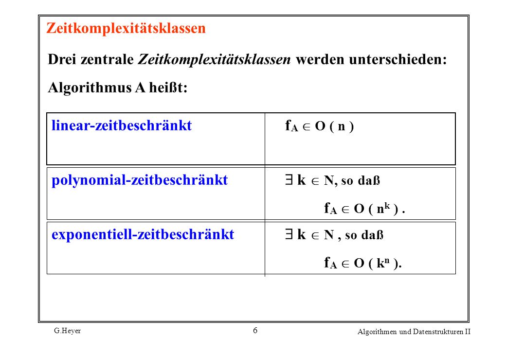 G.Heyer Algorithmen und Datenstrukturen II 6 Zeitkomplexitätsklassen Drei zentrale Zeitkomplexitätsklassen werden unterschieden: Algorithmus A heißt: linear-zeitbeschränktf A O ( n ) polynomial-zeitbeschränkt k N, so daß f A O ( n k ).
