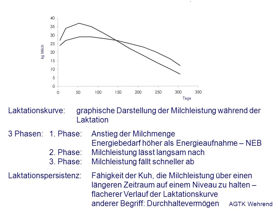 Laktationskurve: graphische Darstellung der Milchleistung während der Laktation 3 Phasen: 1.