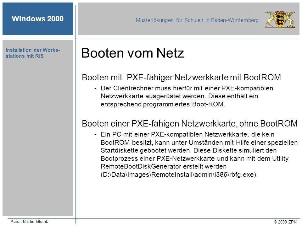 Windows 2000 Musterlösungen für Schulen in Baden-Württemberg © 2003 ZPN Autor: Martin Glomb Installation der Works- stations mit RIS Booten mit PXE-fähiger Netzwerkkarte mit BootROM -Der Clientrechner muss hierfür mit einer PXE-kompatiblen Netzwerkkarte ausgerüstet werden.