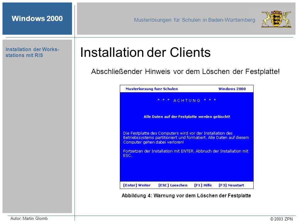 Windows 2000 Musterlösungen für Schulen in Baden-Württemberg © 2003 ZPN Autor: Martin Glomb Installation der Works- stations mit RIS Abschließender Hinweis vor dem Löschen der Festplatte.