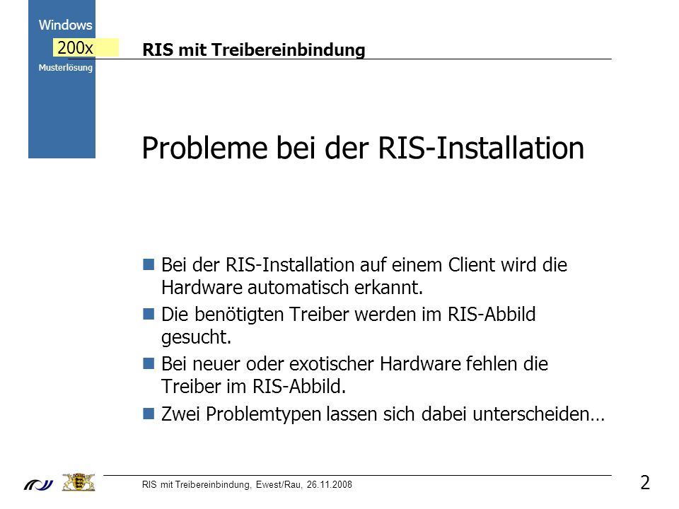RIS mit Treibereinbindung RIS mit Treibereinbindung, Ewest/Rau, Windows 200x Musterlösung 2 Probleme bei der RIS-Installation Bei der RIS-Installation auf einem Client wird die Hardware automatisch erkannt.