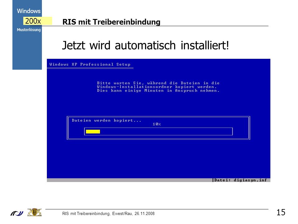 RIS mit Treibereinbindung RIS mit Treibereinbindung, Ewest/Rau, Windows 200x Musterlösung 15 Jetzt wird automatisch installiert!