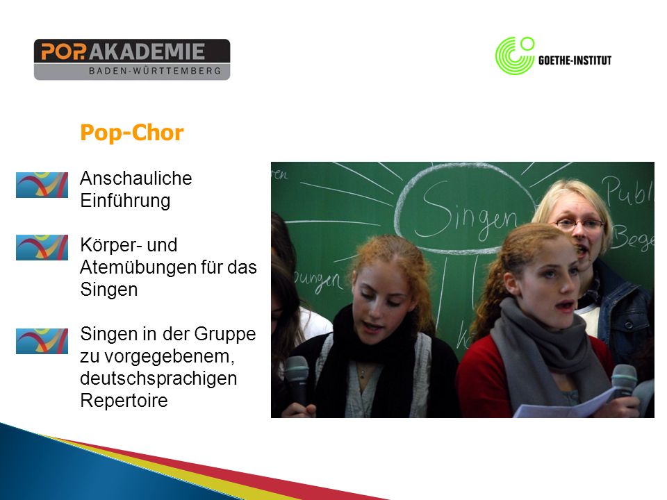 Pop-Chor Anschauliche Einführung Körper- und Atemübungen für das Singen Singen in der Gruppe zu vorgegebenem, deutschsprachigen Repertoire